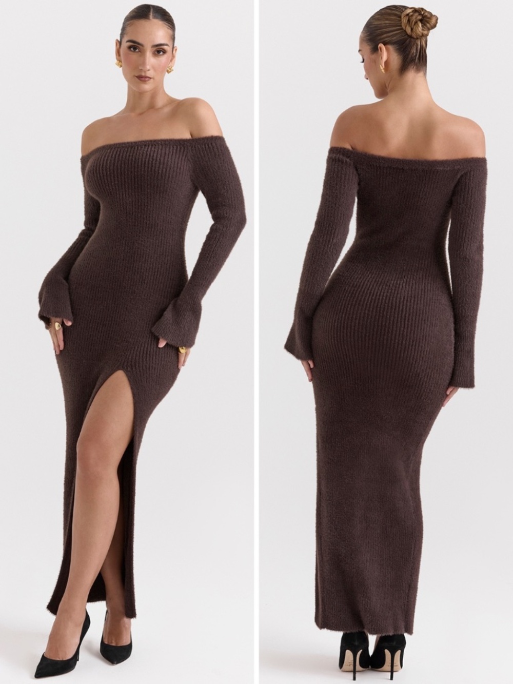 NEW House of CB Lucena Knit Off the Shoulder Dress Grey + Lurex / Espresso Large